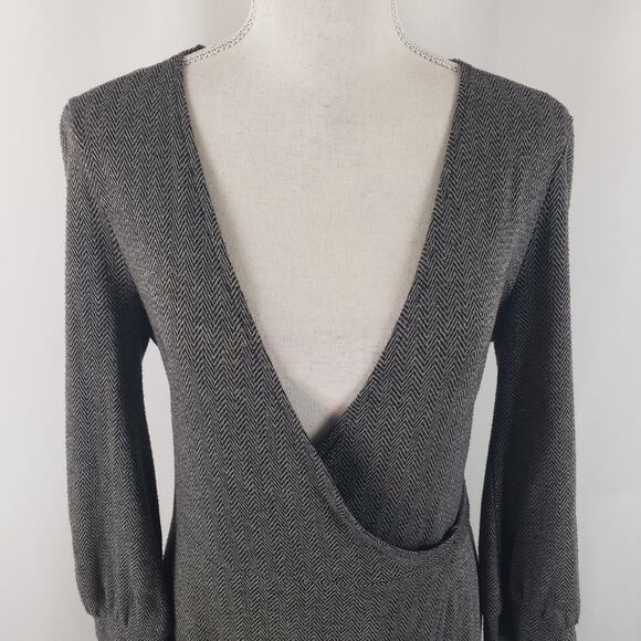 Banana Republic Gray Herringbone Tie Wrap Deep Surplice V-Neck Stretch Dress XS - Picture 2 of 13